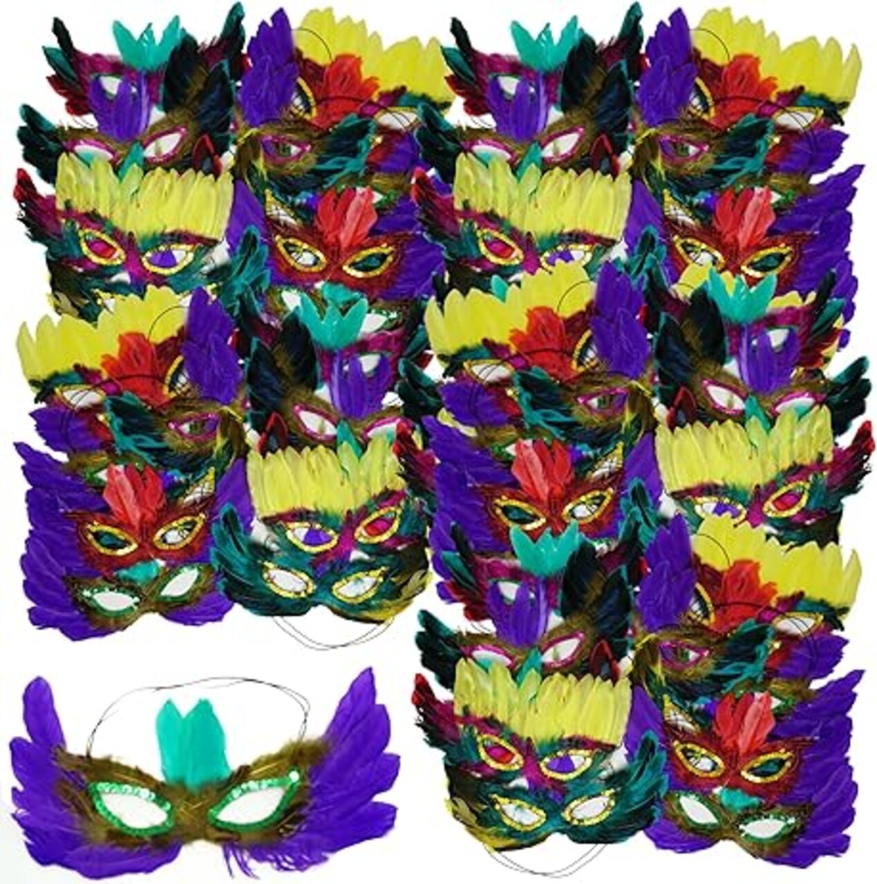 4E's Novelty 50 Pack Bulk Mardi Gras Masks With Feathers for Adult Men Women, Masquerade Party Masks for Mardi Gras Outfit Accessories